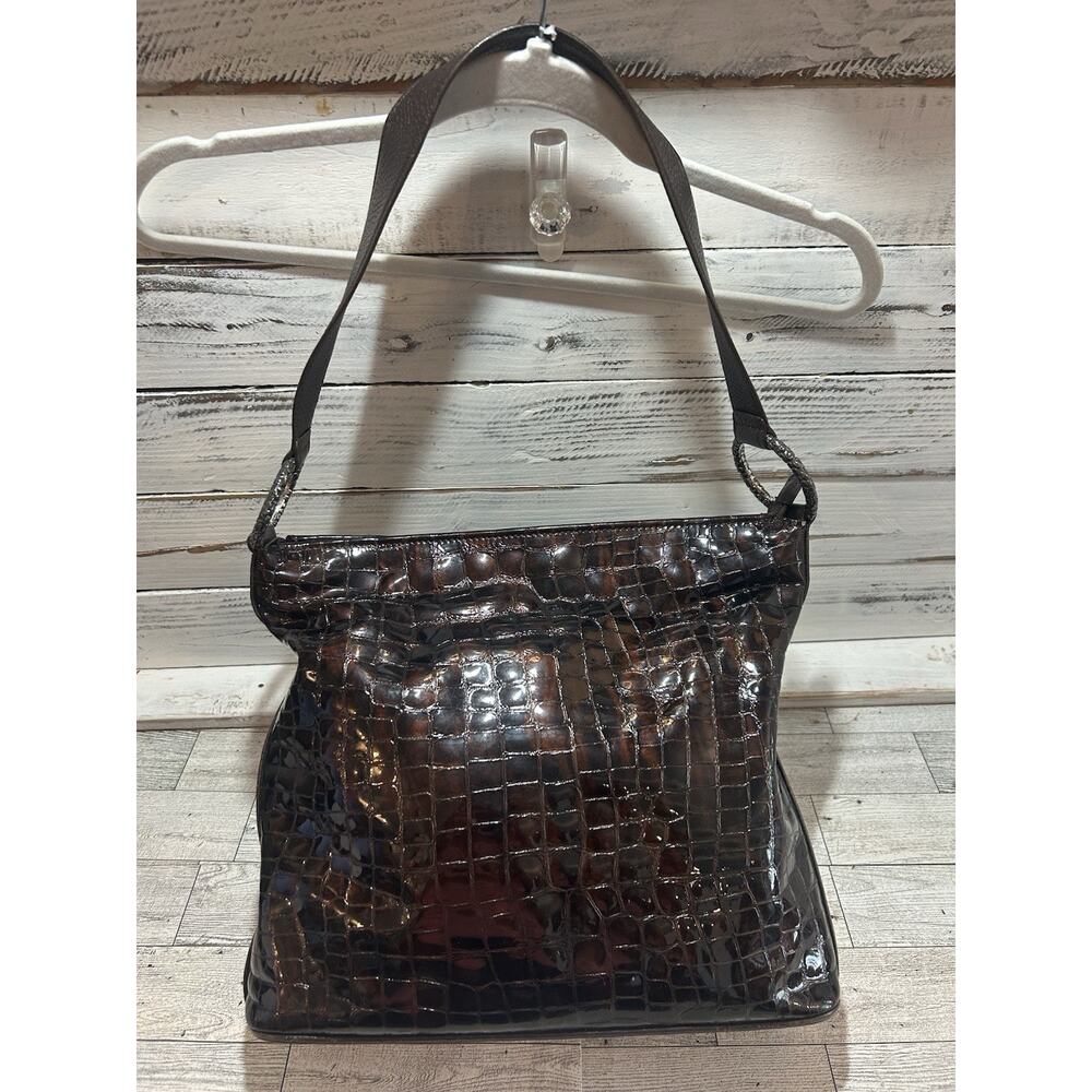 BRIGHTON Cher Handbag Bronze Brown Croc Patent Leather Shoulder Bag Orange Lined - Picture 1 of 10